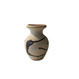 Handcrafted Dominican clay Vase With Abstract Painted Design Beige With Green &